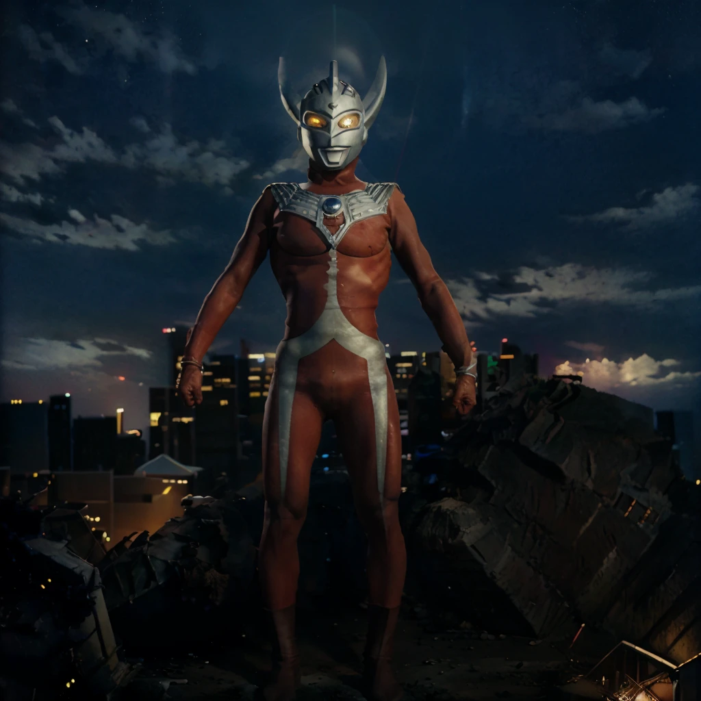 Put arms together and emit rays,40m tall Giant superhero Ultraman Taro,standing on Tokyo Japan in the dark,The same size as the building,tall and slim, portrait, fighting pose, photo high quality, realistic photo, night scene,silver helmet, glass hemisphere on chest glows, yellow eyes, forehead lamp glows,martial arts pose, slim body,long limbs,4K
