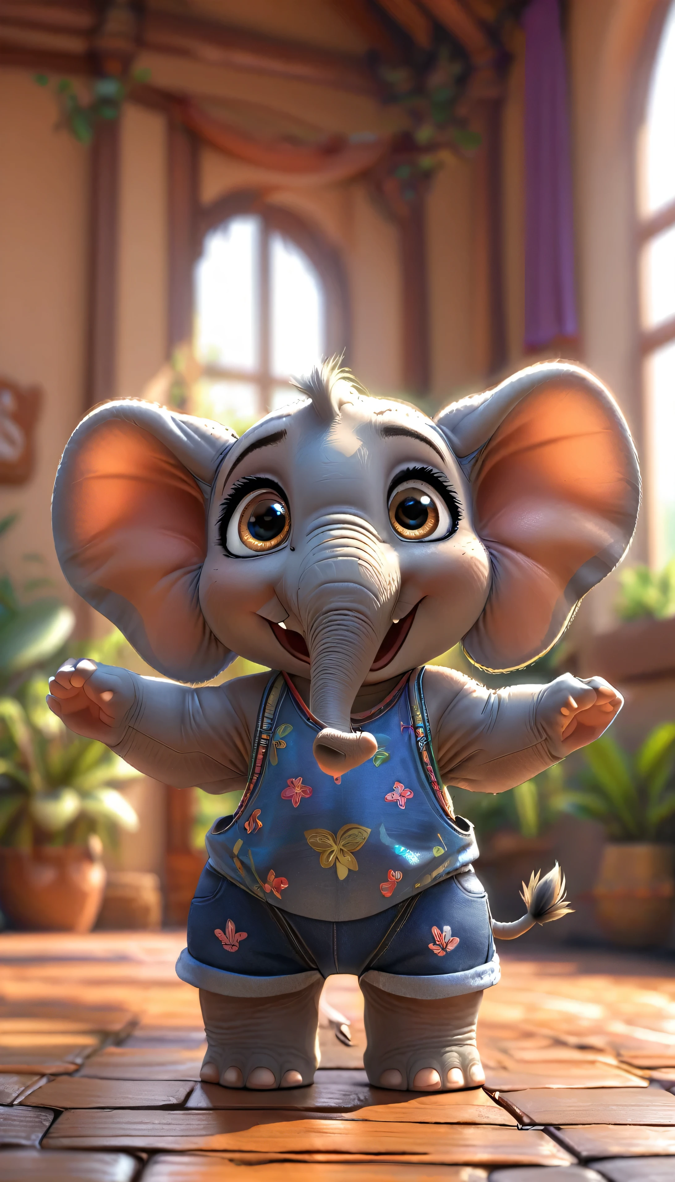 cute baby elephant, cartoon , arms, hands ,cute eyes, looking at viewer, arms up, clothes, flawless, detailed, 4k
