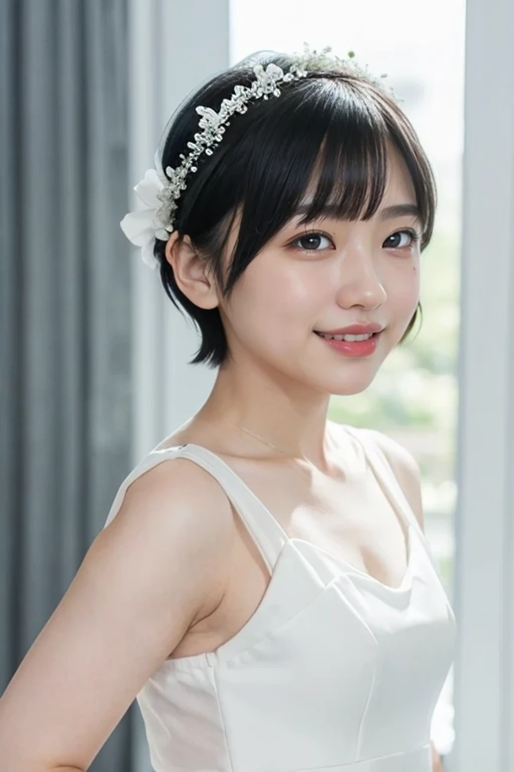 (black wedding bun short hair:1.2), (white wedding dress, intricate dress, ball gown, bridal veil, bride, curtains, depth of field, dress, flower, hair flower, hair ornament, see-through, white flower, white rose:1.1), (face full of joy:1.3), one girl, s old, 8k, RAW photo, best quality, masterpiece, realistic, photo-realistic, clear, professional lighting, BREAK, no makeup face, smile, BREAK, (short cut hair, small breasts:1.2), (looking back:1.2), (black eyes, black hair:1.2)r, full body
