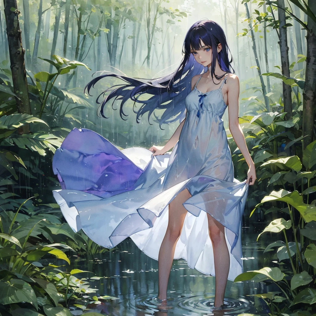 Beautiful slender girl (with a very beautiful, exquisite southern type face) barefoot (in a very short light summer sundress) with tender breasts in the rain in the summer forest, purple thunderstorm, in watercolor style