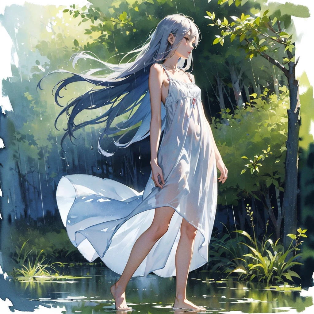 Beautiful slender girl (with a very beautiful, exquisite southern type face) barefoot (in a very short light summer sundress) with tender breasts in the rain in the summer forest, purple thunderstorm, in watercolor style