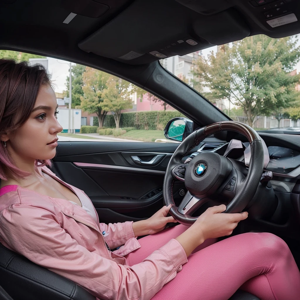girl 21 years old, short shoulder-length hair, hair color pink, black jacket, pink top, drive a bmw, black leggins