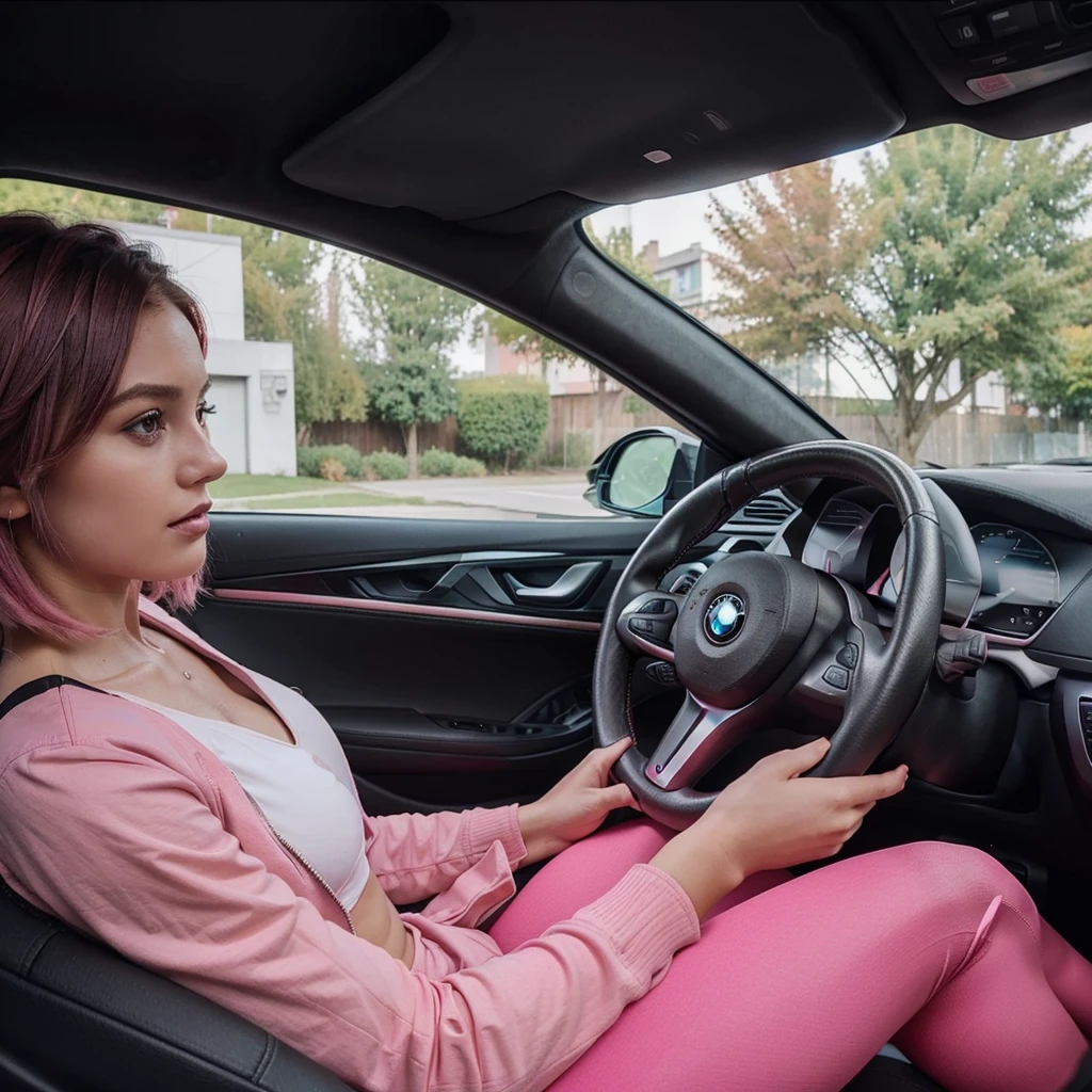 girl 21 years old, short shoulder-length hair, hair color pink, black jacket, pink top, drive a bmw, black leggins