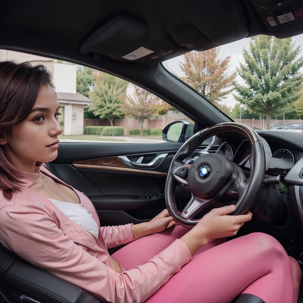 girl 21 years old, short shoulder-length hair, hair color pink, black jacket, pink top, drive a bmw, black leggins