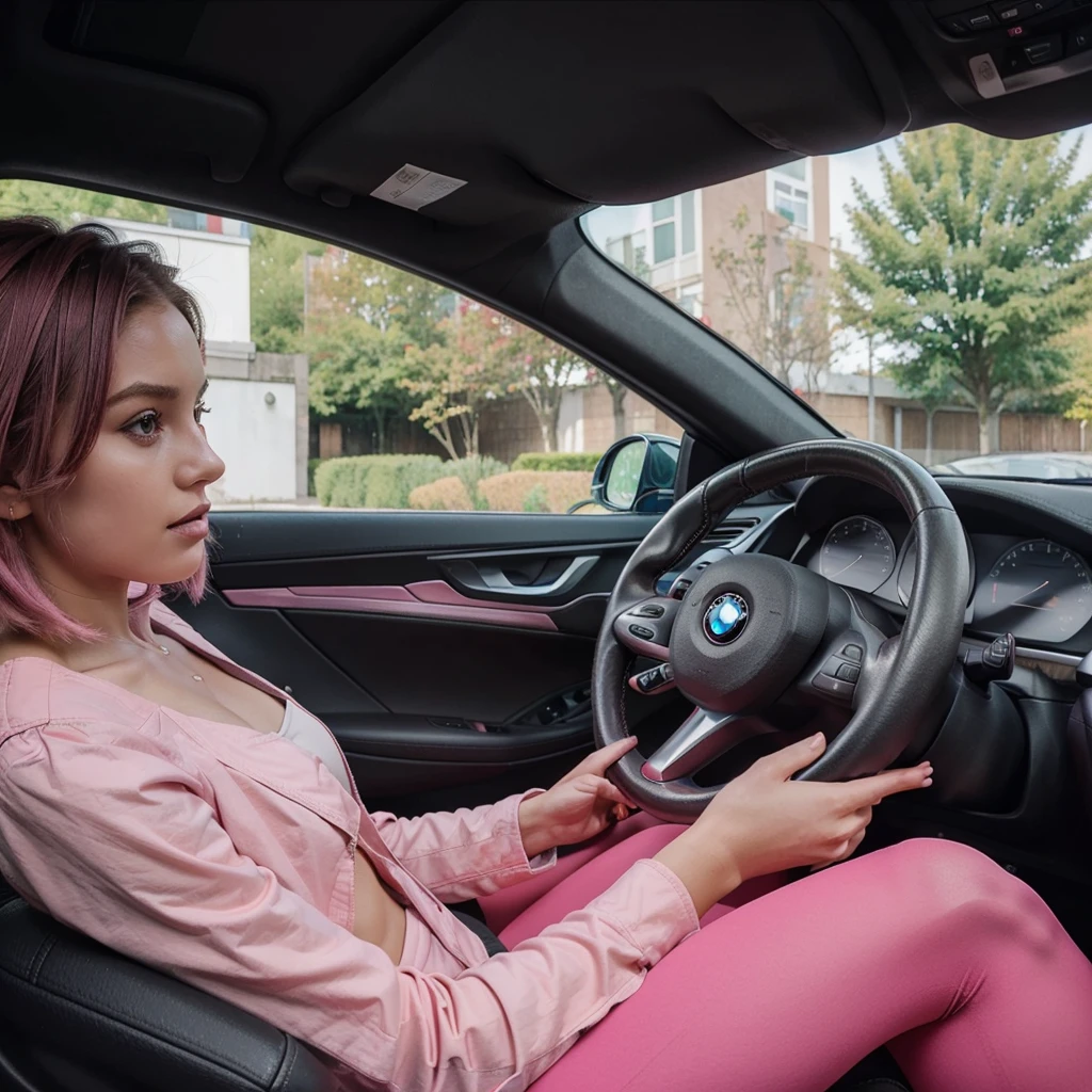 girl 21 years old, short shoulder-length hair, hair color pink, black jacket, pink top, drive a bmw, black leggins