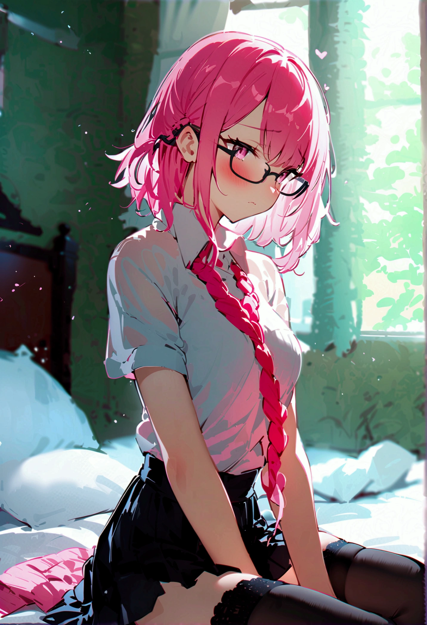 pink hair black glasses pink eyes extremely blushing a large pink sweater short black skirt at the waist chains black stockings that she is a reserved girl her bed that she is on her knees touching her butt