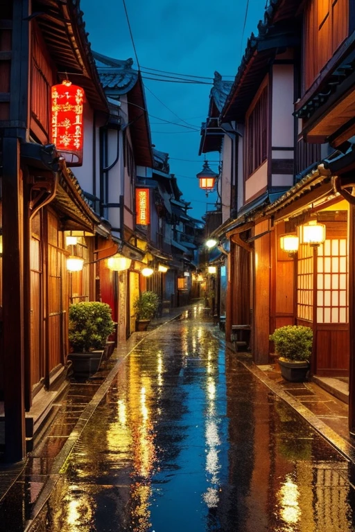 A view of the village with many lights on the buildings, Dreamy city in China, Chinese Village, Awesome Wallpapers, Japanese Street, Japanese Village, 超リアルな町のphotograph, Old Asian Village, Japanese cities, Raymond Han, Rainy night, Cyberpunk Chinese Ancient Castle, beautifully照らされた建物, Rainy Evening, beautifully、aesthetic, photograph, Cinematic, 8K, Detailed ((heavy rain)))