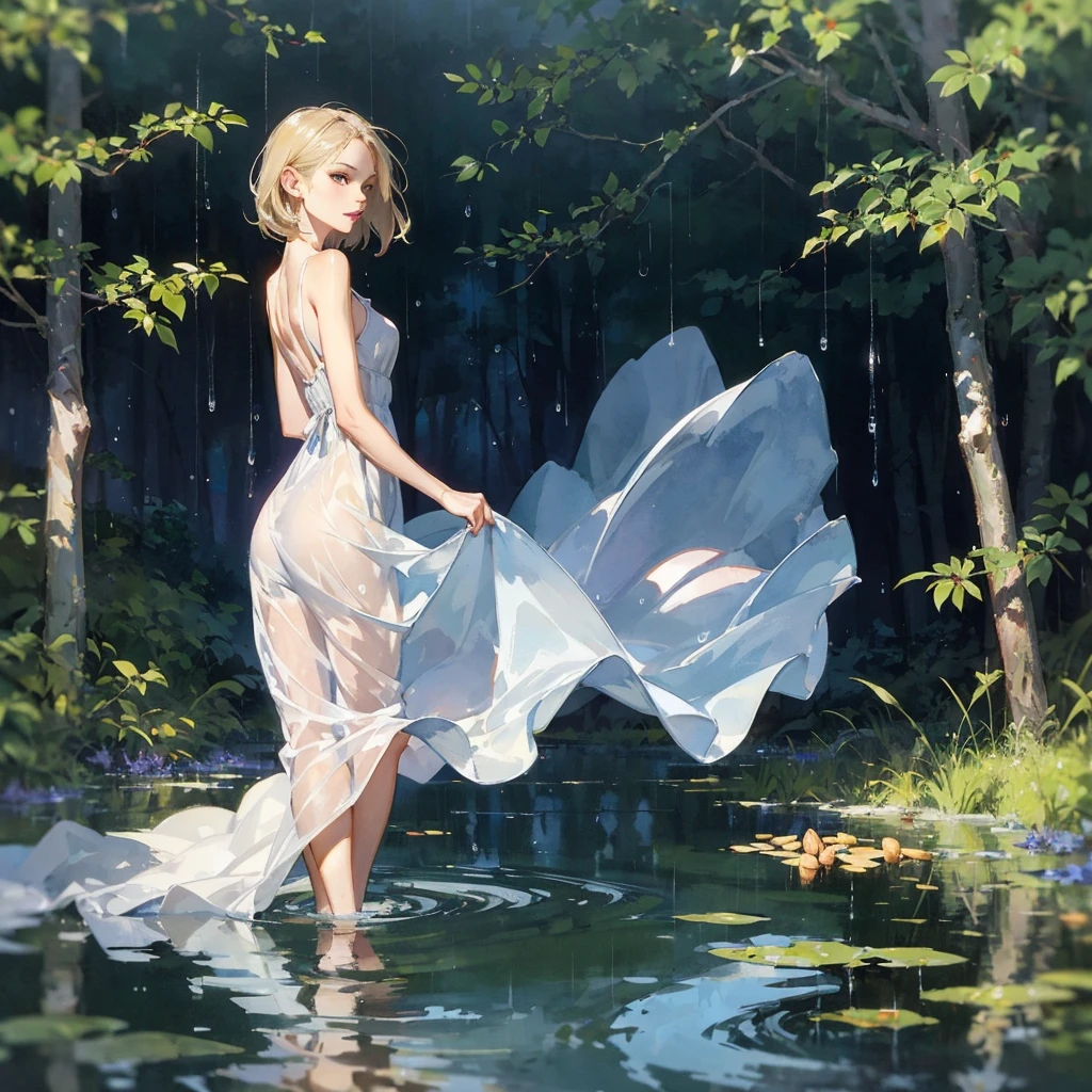 beautiful slender sophisticated girl (with a very beautiful, sophisticated face of the southern type with almond-shaped eyes and delicate lips) barefoot (in a very short light summer sundress) with tender breasts in the rain in the summer forest, purple thunderstorm, in watercolor style