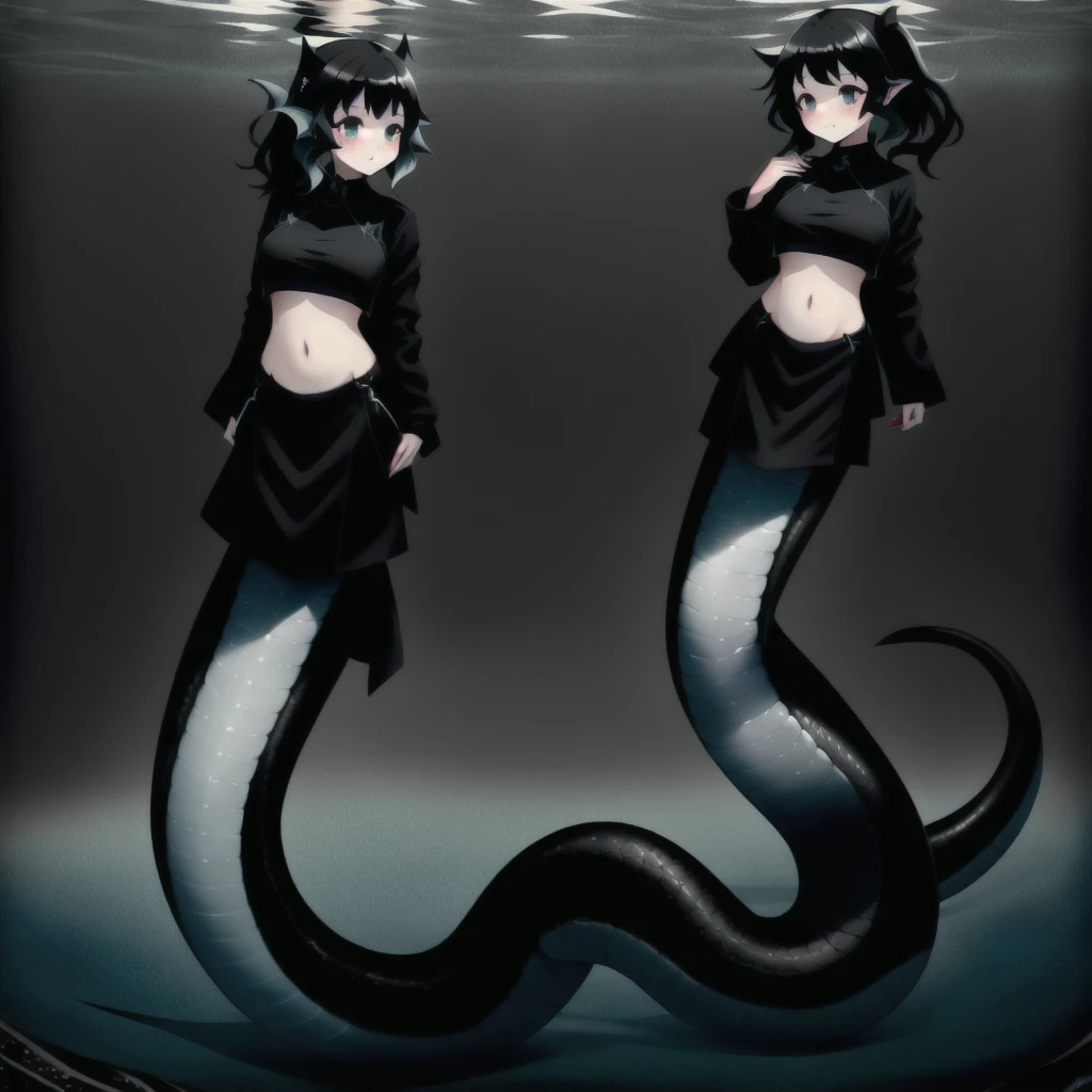 (mermaid:1.0), 1 long black shark tail, full body, midriff black crop top, beautiful perfect symmetrical face, beautiful cute dark teenager girl, full body ,under the sea, long black pony tail, fins, stretching, side view, long nails, black jacket