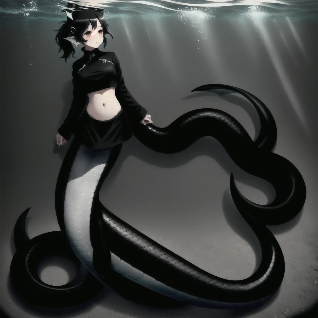 (mermaid:1.0), 1 long black shark tail, full body, midriff black crop top, beautiful perfect symmetrical face, beautiful cute dark teenager girl, full body ,under the sea, long black pony tail, fins, stretching, side view, long nails, black jacket