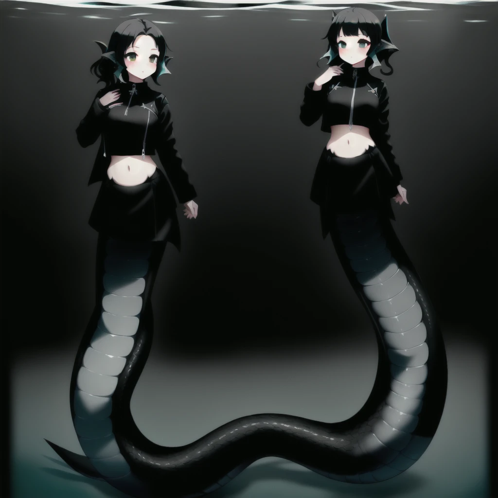 (mermaid:1.0), 1 long black shark tail, full body, midriff black crop top, beautiful perfect symmetrical face, beautiful cute dark teenager girl, full body ,under the sea, long black pony tail, fins, stretching, side view, long nails, black jacket