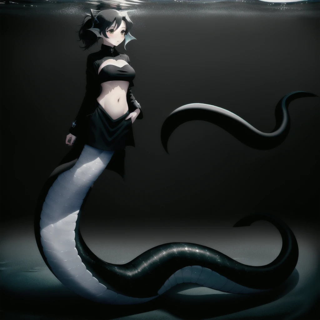 (mermaid:1.0), 1 long black shark tail, full body, midriff black crop top, beautiful perfect symmetrical face, beautiful cute dark teenager girl, full body ,under the sea, long black pony tail, fins, stretching, side view, long nails, black jacket