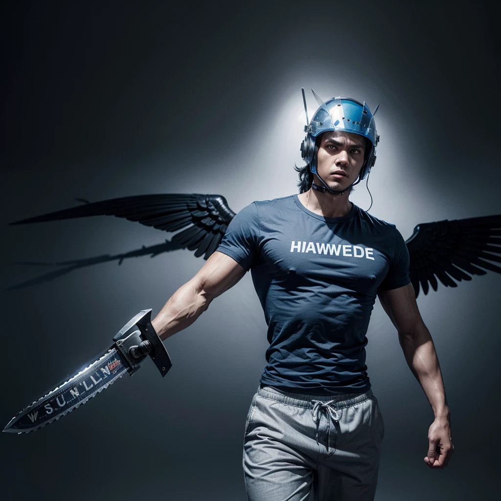 A human being with black arms and legs, a blue t-shirt and gray pants. Uses a sword to fight and has wings, a chainsaw helmet