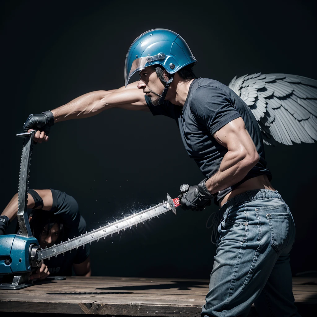 A human being with black arms and legs, a blue t-shirt and gray pants. Uses a sword to fight and has wings, a chainsaw helmet