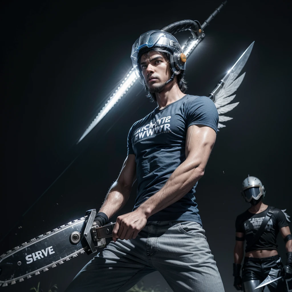 A human being with black arms and legs, a blue t-shirt and gray pants. Uses a sword to fight and has wings, a chainsaw helmet