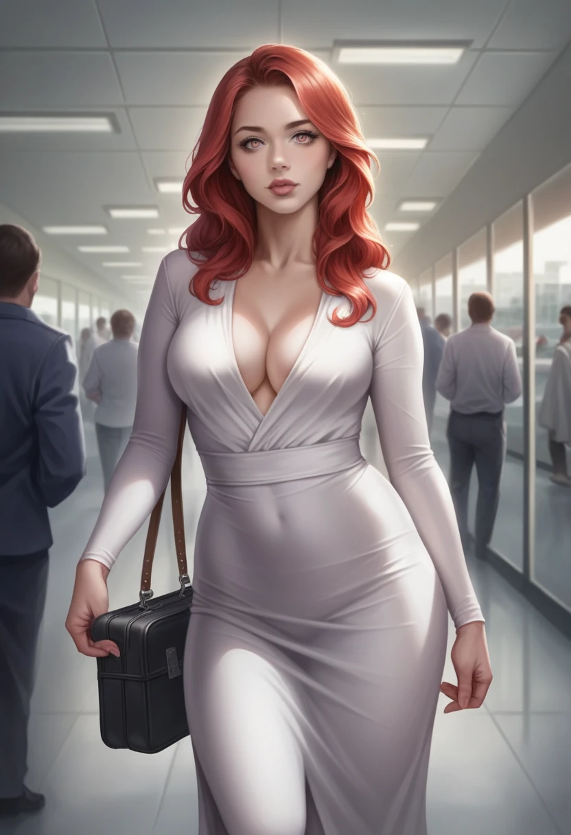 A woman with long vibrant red hair, wearing travel clothes and carrying a brown leather suitcase, standing at the entrance of an airport at refreshing night, (best quality,8k,highres,masterpiece:1.2),ultra-detailed,(realistic,photorealistic,photo-realistic:1.37),detailed eyes,detailed lips,extremely detailed face,longeyelashes,elegant pose,airport entrance,night scene,warm lighting,cinematic atmosphere,intricate details