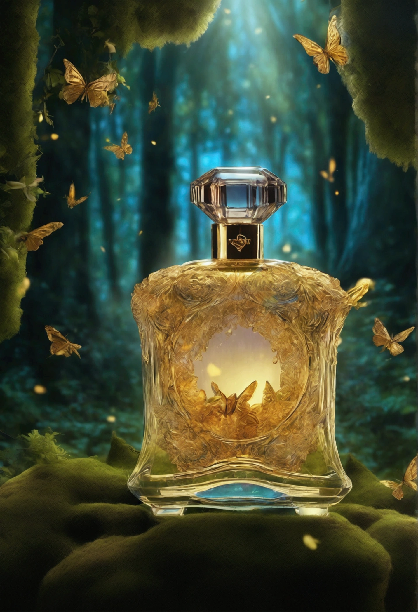 a perfume bottle emitting a magical light, an ancient stone altar, In a dense mystical forest with tall trees and shining foliage, surrounded by dancing fireflies, decorated with a perfume bottle, . Their radiance attracts mythical creatures such as unicorns and fairies, styled by Salvador Dali and René Magritte. intricate, natural lighting, RTX, professionally color graded, professional photography, masterpiece, ultra-detailed, high quality, best quality, 4k, 8k, RAW, fashion, high fashion, haute couture