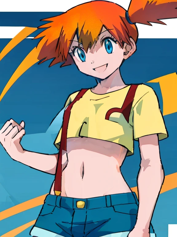 (misty_pokemon_girl:1.2), red_and_yellow_striped_t-shirt, short_sleeves, long_jeans, blue_eyes, (best_quality,4k,8k,highres,masterpiece:1.2),(ultra-detailed,realistic,photorealistic,photo-realistic:1.37),HDR,UHD,studio_lighting,(red_and_yellow_striped_t-shirt:1.2),((high_definition_smile:1.3))