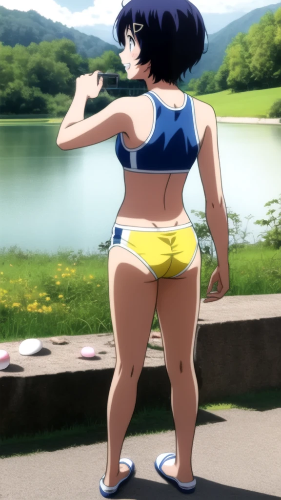 Ai ohto [wonder egg priority], short hair, hairclip,yellow bikini , sports bra, smile, barefoot, lake,back view