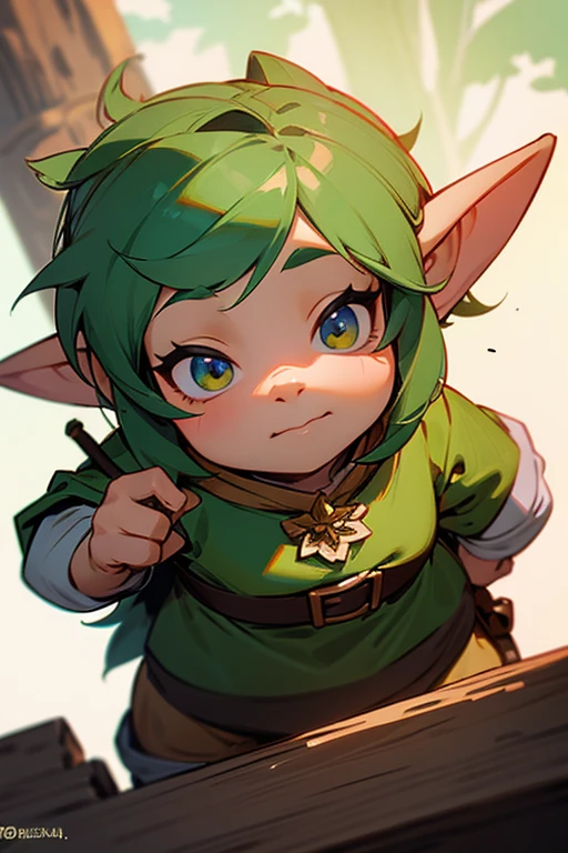 he's low, like a female gnome and has elf ears and he's a bard and his hair is dark red