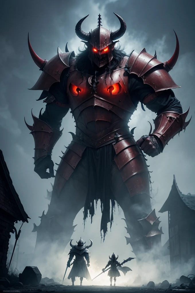 Create a scary giant demon fighting with a tiny knight