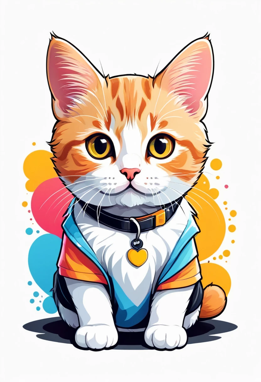 A t-shirt with a flat illustration of a cute cat, vector feito no Adobe Illustration, (outlines:1), (photorrealistic:1.3) , ultra detailed in black, colorful tones, highly detailed cleanliness, imagem vectorial, obra-prima photorrealistic, professional photograpy, plain white background, isometric, Vibrant, vector