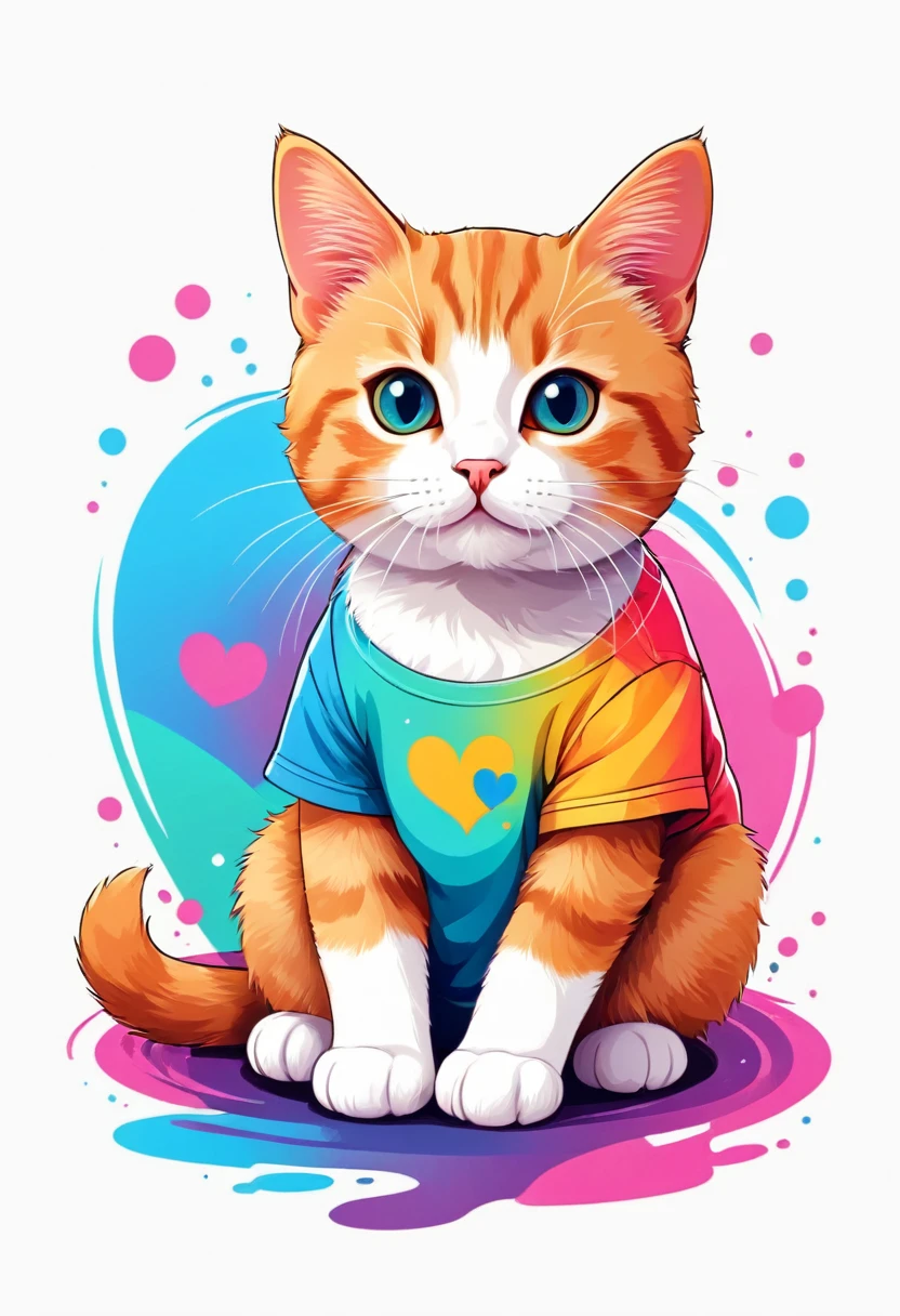 A t-shirt with a flat illustration of a cute cat, vector feito no Adobe Illustration, (outlines:1), (photorrealistic:1.3) , ultra detailed in black, colorful tones, highly detailed cleanliness, imagem vectorial, obra-prima photorrealistic, professional photograpy, plain white background, isometric, Vibrant, vector