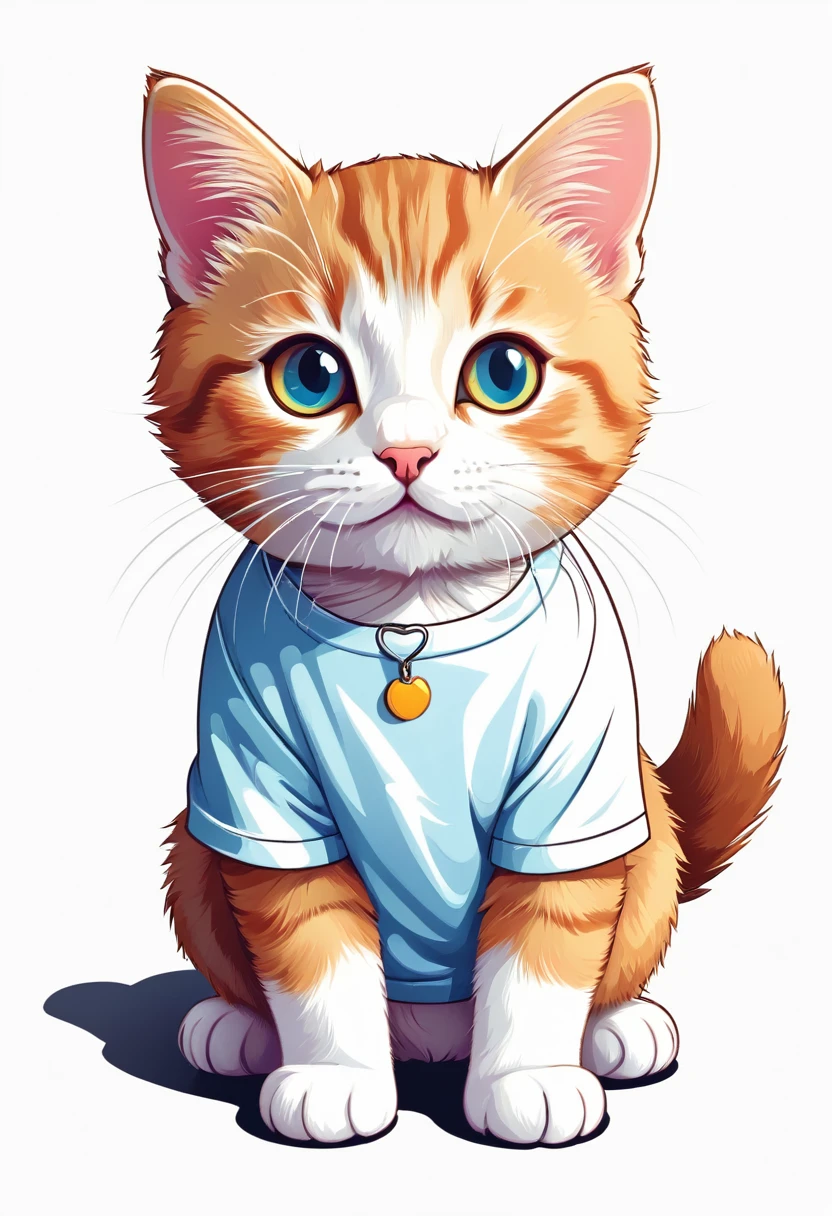 A t-shirt with a flat illustration of a cute cat, vector feito no Adobe Illustration, (outlines:1), (photorrealistic:1.3) , ultra detailed in black, colorful tones, highly detailed cleanliness, imagem vectorial, obra-prima photorrealistic, professional photograpy, plain white background, isometric, Vibrant, vector