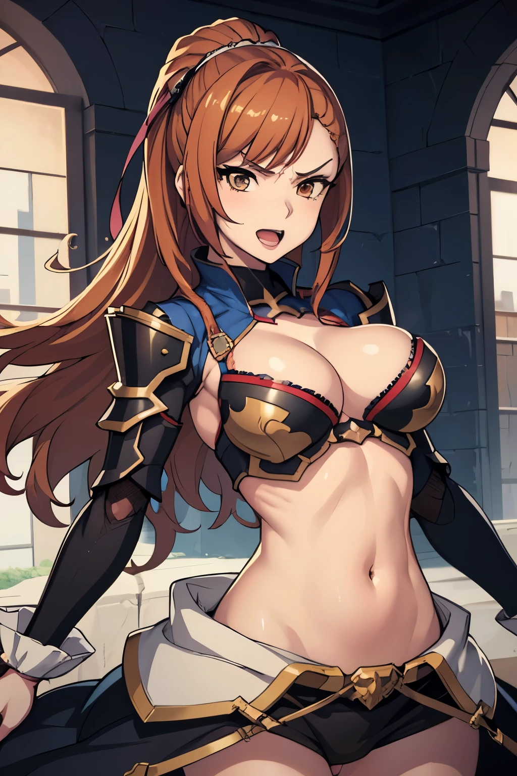 defbeatrix, long hair, large breasts, Hot girl, baddie, staring, glaring, bad attitude, mean girl, dare, angry, hate, crazy, sensual, attractive, masterpiece, best quality, highly detailed, fantasy , a anime girls in armored dress holding a sword
posing for a picture, evil smile, smile, open mouth, breastplate with open cleavage, cleavage, warrior
outfit, ecchi anime style, anime girls, ecchi style, (nsfw) not safe for work, ecchi, digital anime art!!, in
anime style, official artwork, visual novel cg, beautiful anime girl, anime style 4 k , loincloth, exposed
belly, exposed navel, exposed midriff, exposed lower belly, pencil skirt armored, castle,inside castle