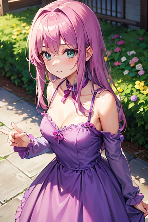 A girl in a purple dress with pink touches and emerald green eyes