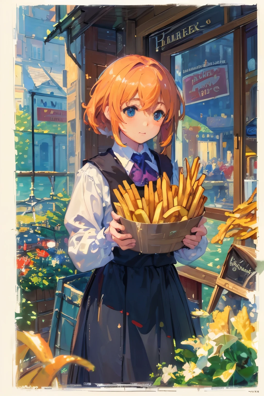 [(Transparent Background: 1.5)::5],(((masterpiece))),(((Highest quality))),(((Very detailed))),figure, mysterious,Bright colors, Shiny , (Impressionism: 1.4), Ready to eat, (french fries), Family Barrel, (Fish and Chips), (snack bar), (food stand), London, (Harry Potter Style), Wizarding World Style, restaurant, food, food service, typography, mysterious fonts,