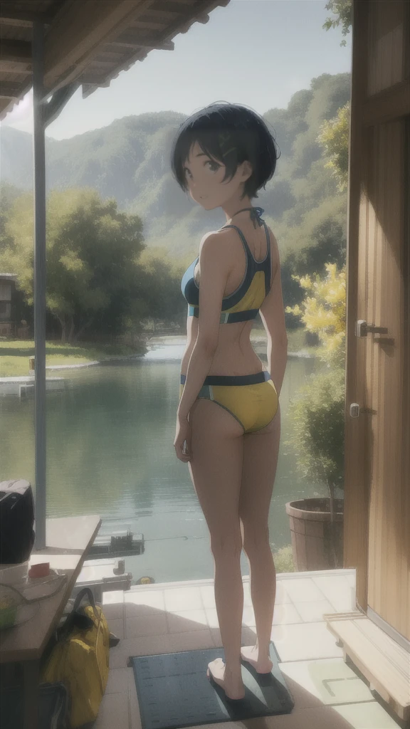 Ai ohto [wonder egg priority], short hair, hairclip,yellow bikini , sports bra, smile, barefoot, lake,back view