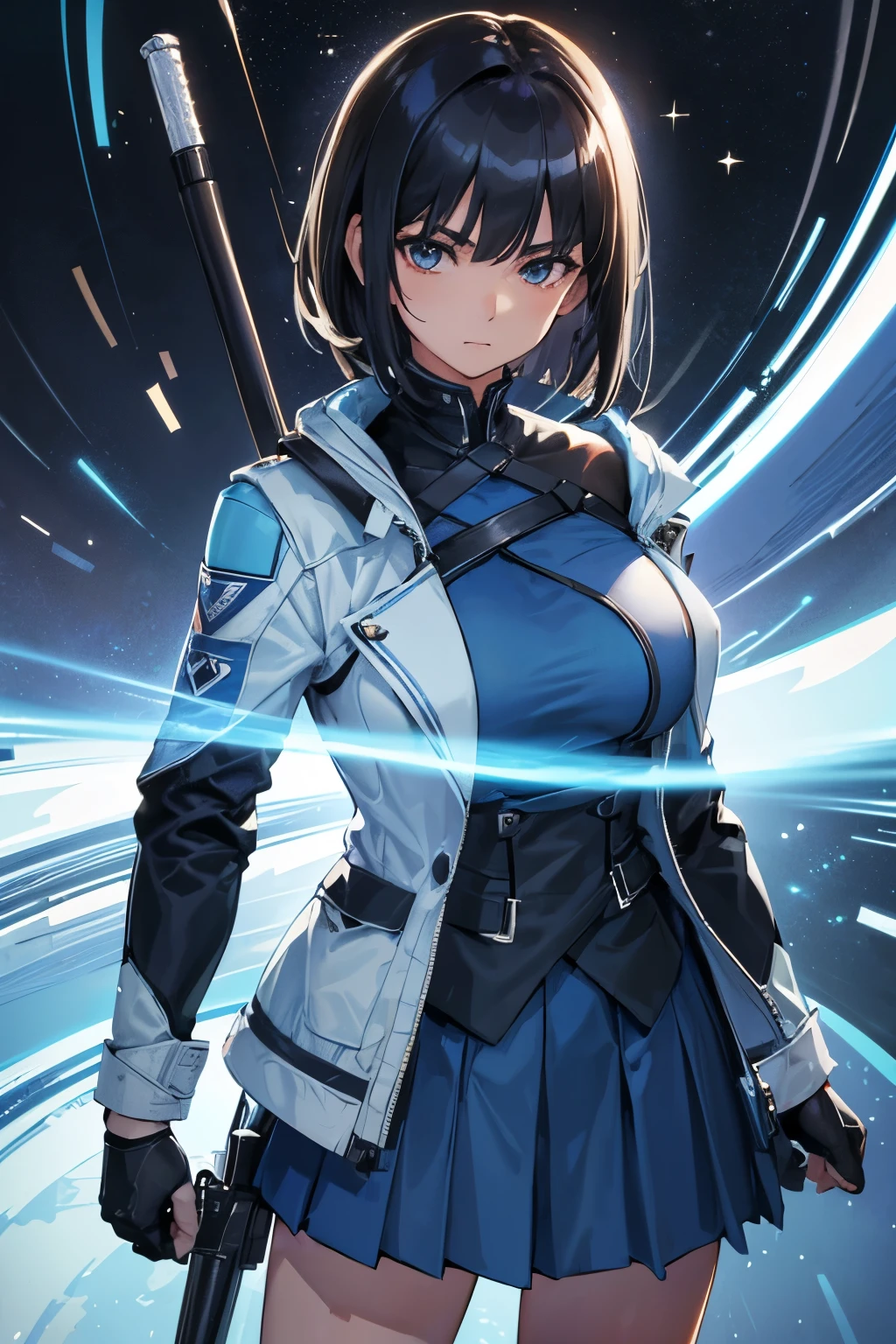 (Highest Resolution, clear_image), Highest quality, masterpiece, Very detailed, Semi-realistic, Woman with shoulder-length black hair, Dark Eyes, mature, mature woman, Imperial sister, sexy, short hair, Triple Van, Light blue uniform, Light blue uniform jacket, soldier, Light blue pleated skirt, uniform, Fighter Front, future, sf, universe