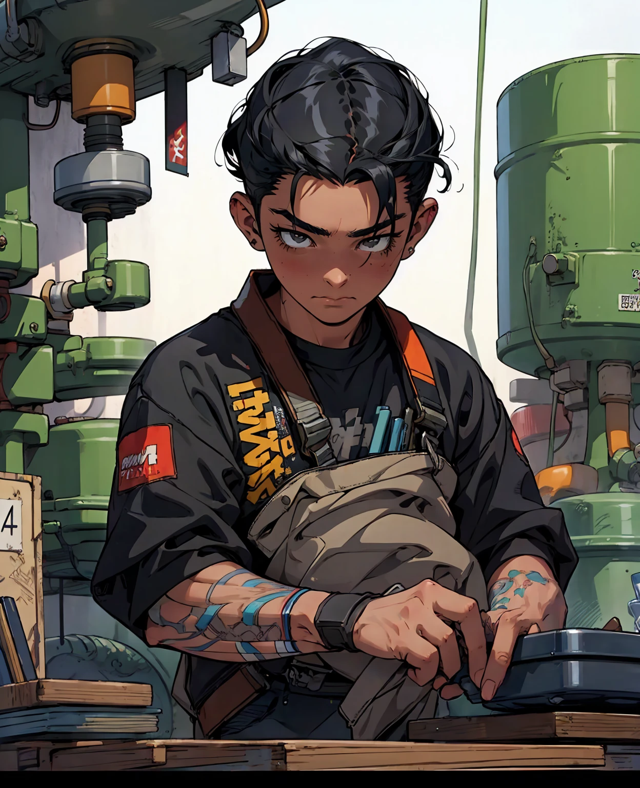 Absurd resolution, high resolution, (masterpiece: 1.4), hyper-detail, young man's messy short black hair, welder dressed up, factory high-tech workbench, tech-sense screen