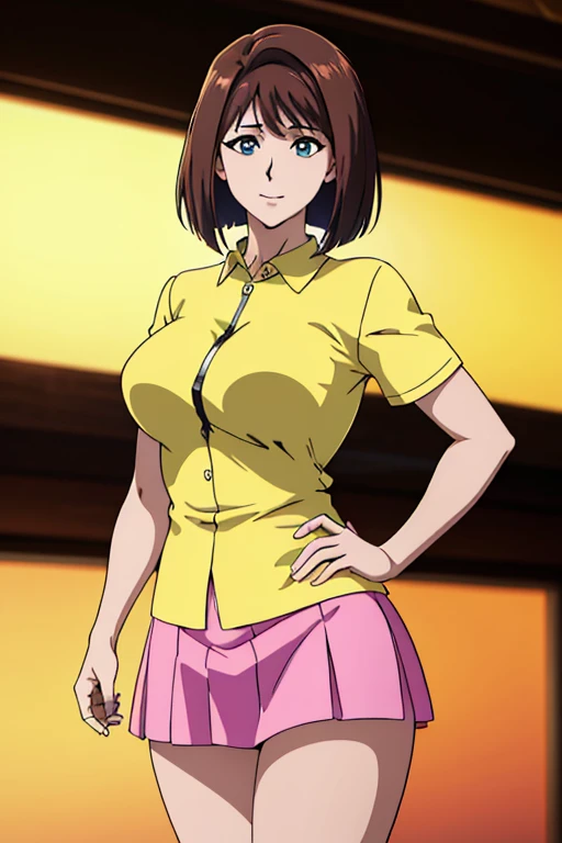 A beautiful woman with medium breasts, wearing a yellow short sleeve shirt and a pink skirt, standing outdoors and smiling, with a hand on her chin, detailed facial features, extremely detailed breasts, (best quality,4k,8k,highres,masterpiece:1.2),ultra-detailed,(realistic,photorealistic,photo-realistic:1.37),HDR,UHD,studio lighting,ultra-fine painting,sharp focus,physically-based rendering,extreme detail description,professional,vivid colors,bokeh,portrait