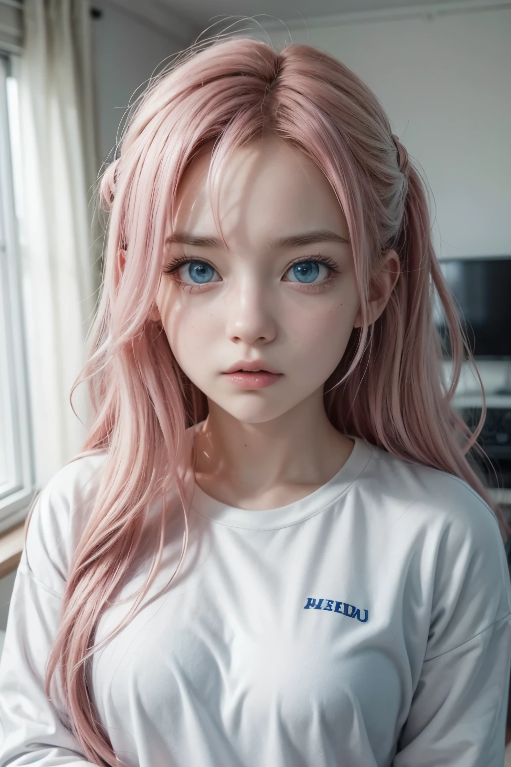 Boku no Hero Academia screenshot of a girl with serious facial expression, blue eyes, pink wavy hair, with white shirt with long sleeves, In the background you can see a white room with a white bed with vines and a gaming desk