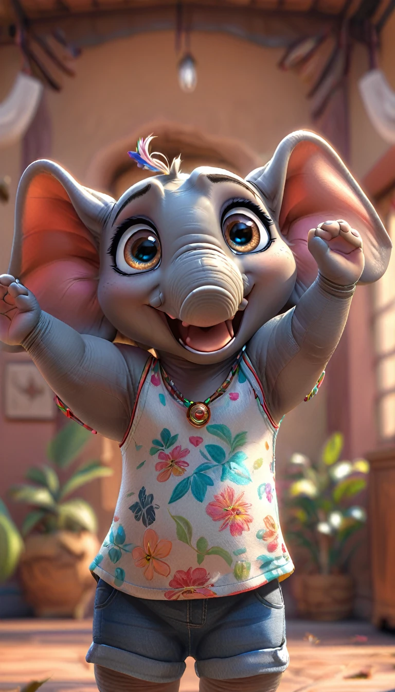 cute elephant, cartoon , arms, hands ,cute eyes, looking at viewer, arms up, clothes, flawless, detailed, 4k