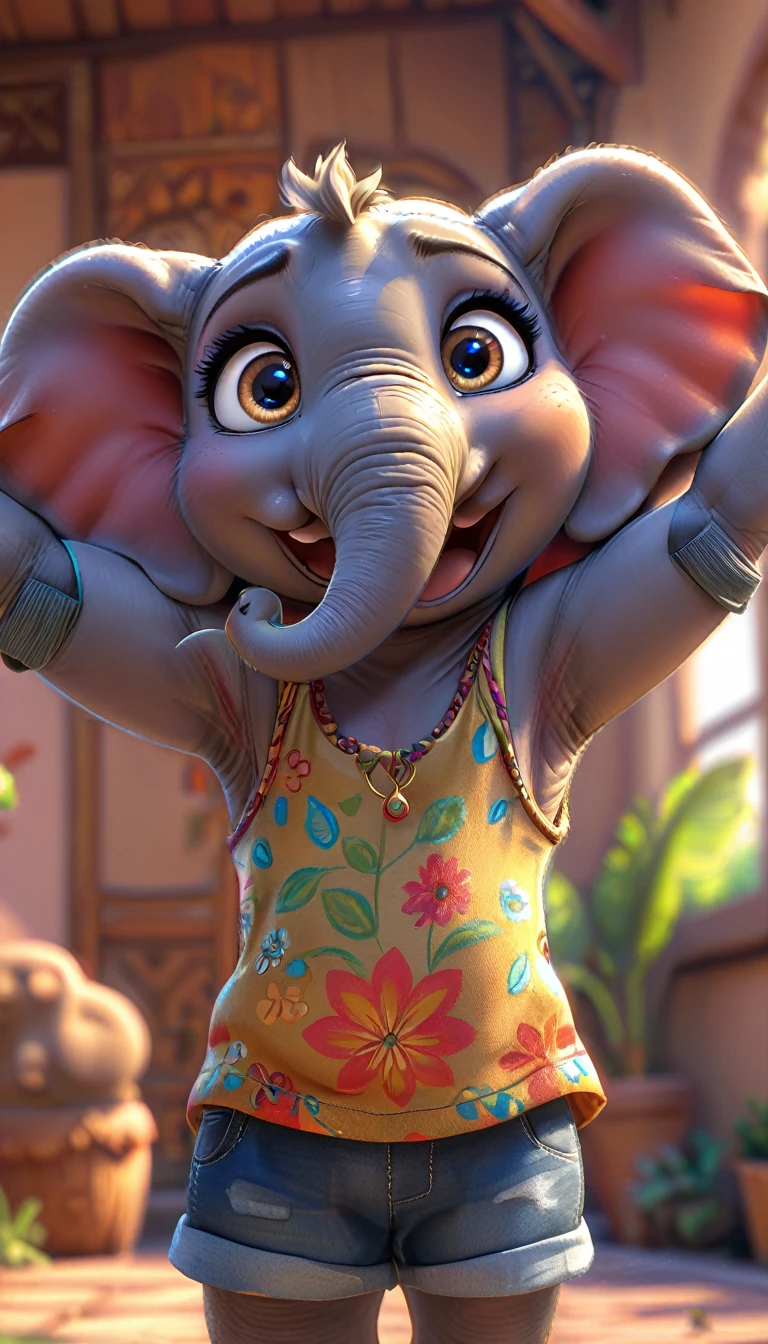 cute elephant, cartoon , arms, hands ,cute eyes, looking at viewer, arms up, clothes, flawless, detailed, 4k