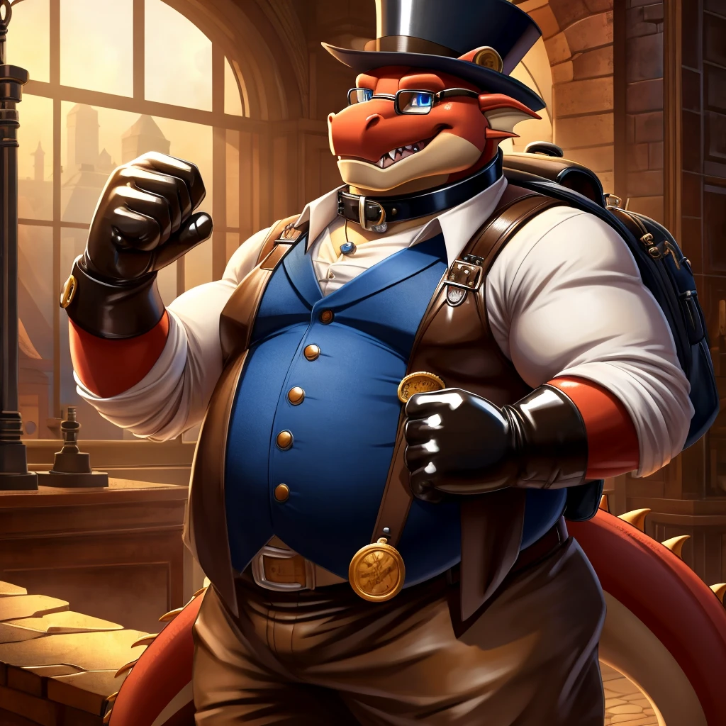 Solo, Male, fat, extremely obese, gentleman, dapper Professor Dragon, blue eyes, (posing:1.3), (soft shading), 4k, hi res, ((detailed face, detailed)), looking at viewer, mouth wide open, steampunk, collared shirt with buttons, top hat, male focus, Explorer Outfit, glasses, monocle, bag, vest with buttons, backpack, sleeves rolled up, round eyewear, brown headwear, brown vest, Dragon is wearing a glossy leather dog collar around the neck, Dragon is wearing the leather collar and shirt and vest at the same time, Dragon is wearing glossy white rubber gloves on the hands, wearing white rubber gloves on the feet, gloves are rubber in texture, clenching teeth, clenching fists, leather collar is glossy and shiny with a lot of detail, Dragon is wearing gloves and leather collar at the same time, leather collar has a round dog-tag, leather collar is thick and detailed.