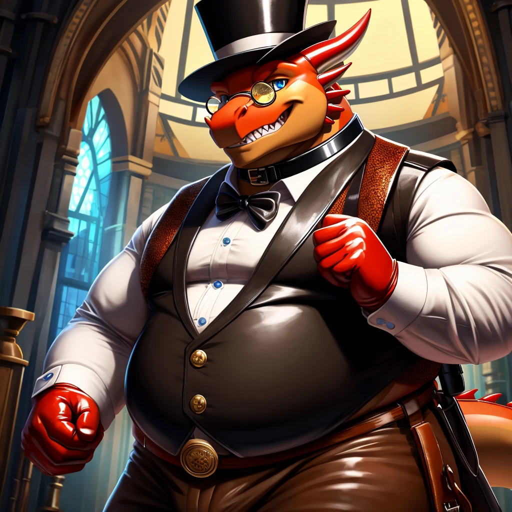 Solo, Male, fat, extremely obese, gentleman, dapper Professor Dragon, blue eyes, (posing:1.3), (soft shading), 4k, hi res, ((detailed face, detailed)), looking at viewer, mouth wide open, steampunk, collared shirt with buttons, top hat, male focus, Explorer Outfit, glasses, monocle, bag, vest with buttons, backpack, sleeves rolled up, round eyewear, brown headwear, brown vest, Dragon is wearing a glossy leather dog collar around the neck, Dragon is wearing the leather collar and shirt and vest at the same time, Dragon is wearing glossy white rubber gloves on the hands, wearing white rubber gloves on the feet, gloves are rubber in texture, clenching teeth, clenching fists, leather collar is glossy and shiny with a lot of detail, Dragon is wearing gloves and leather collar at the same time, leather collar has a round dog-tag, leather collar is thick and detailed.