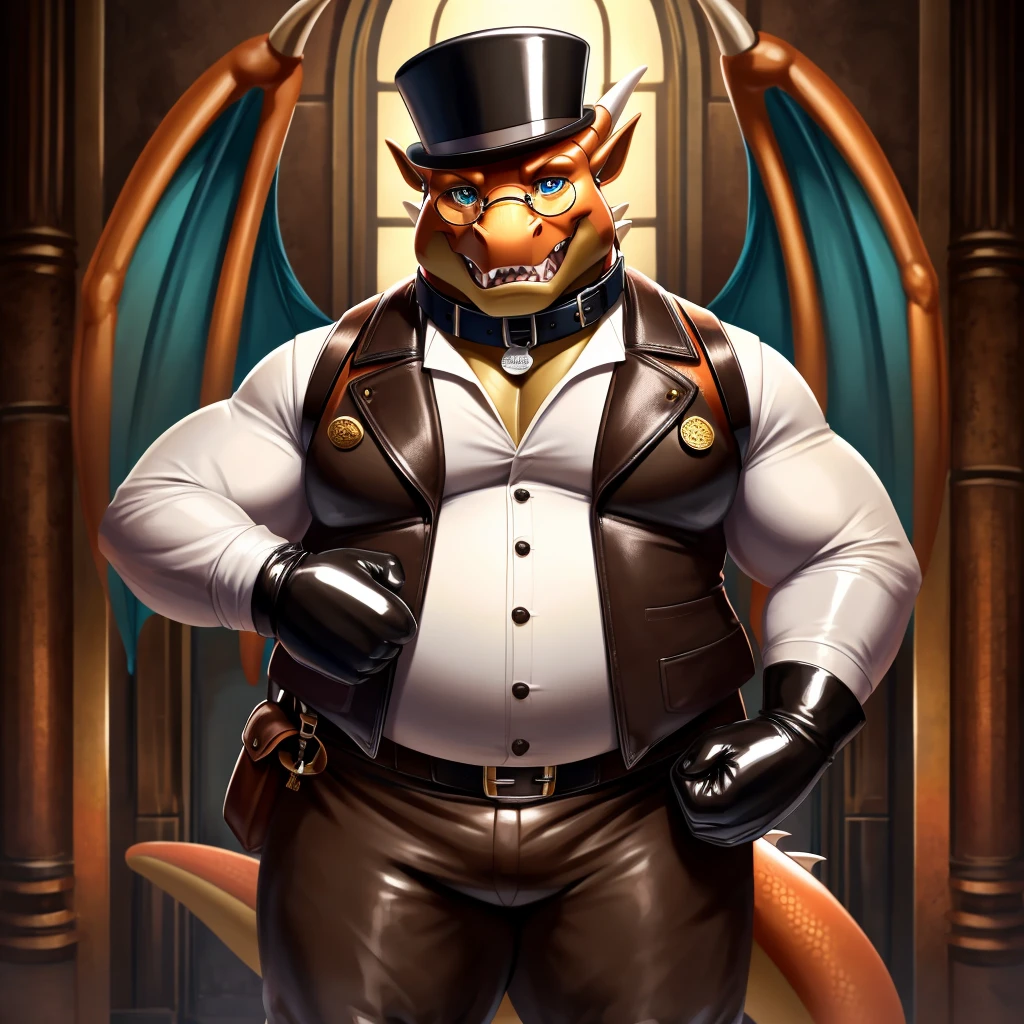 Solo, Male, fat, extremely obese, gentleman, dapper Professor Dragon, blue eyes, (posing:1.3), (soft shading), 4k, hi res, ((detailed face, detailed)), looking at viewer, mouth wide open, steampunk, collared shirt with buttons, top hat, male focus, Explorer Outfit, glasses, monocle, bag, vest with buttons, backpack, sleeves rolled up, round eyewear, brown headwear, brown vest, Dragon is wearing a glossy leather dog collar around the neck, Dragon is wearing the leather collar and shirt and vest at the same time, Dragon is wearing glossy white rubber gloves on the hands, wearing white rubber gloves on the feet, gloves are rubber in texture, clenching teeth, clenching fists, leather collar is glossy and shiny with a lot of detail, Dragon is wearing gloves and leather collar at the same time, leather collar has a round dog-tag, leather collar is thick and detailed.