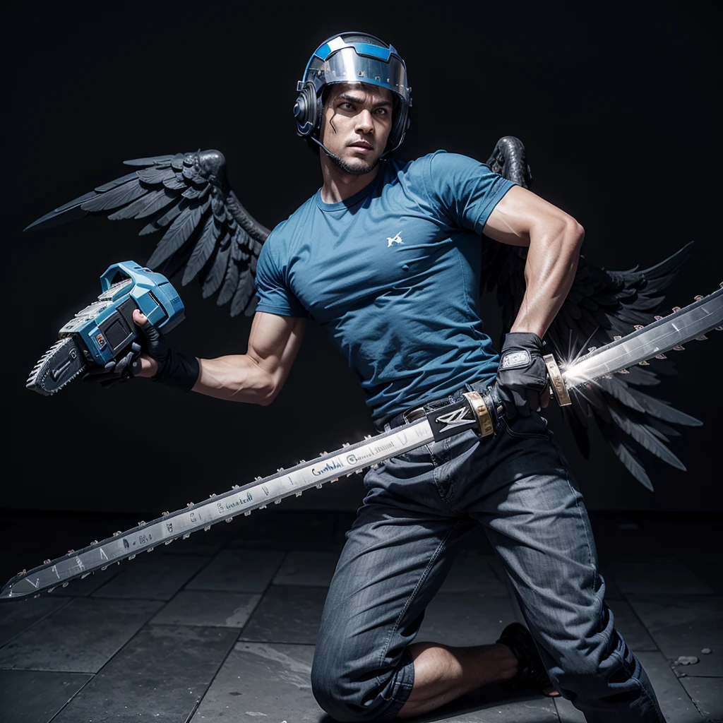 A human being with black arms and legs, a blue t-shirt and gray pants. Uses a sword to fight and has wings, a chainsaw helmet, he has a stone ass.