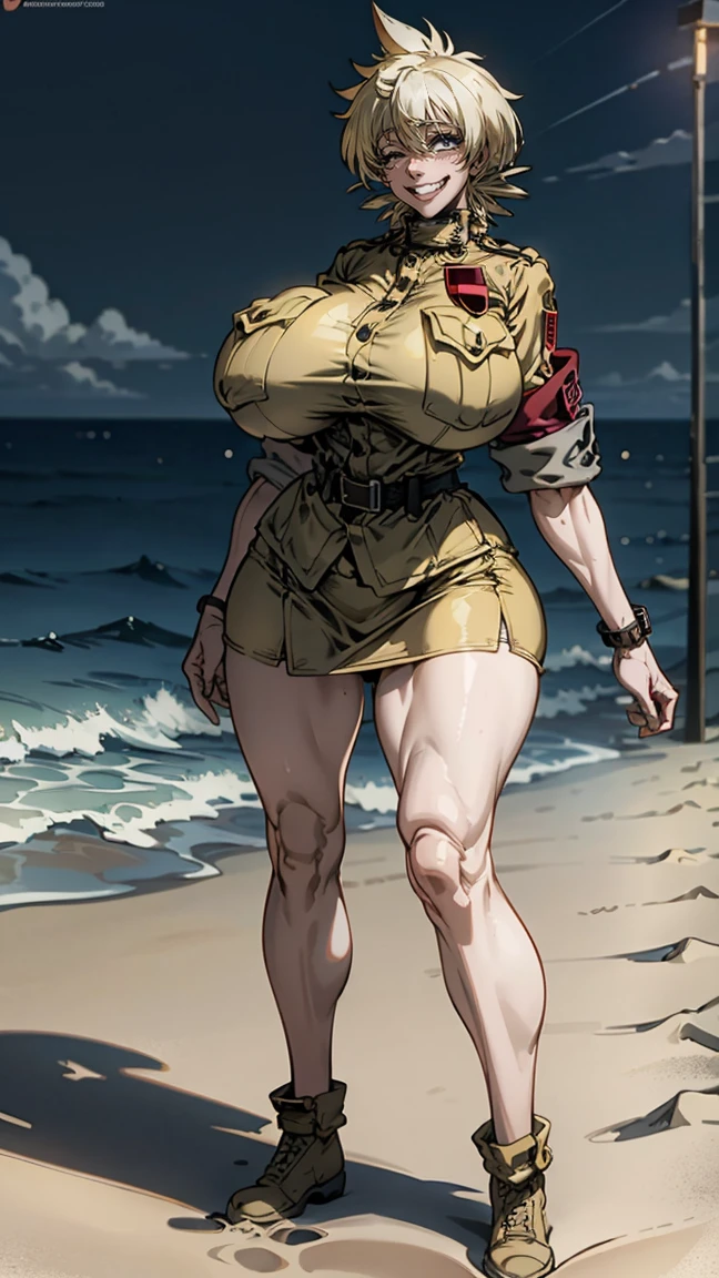 Seras Victoria, milf, old woman, yellow hair, uniforme militar color arena, ((sand-colored military uniform, unbuttoned jacket, white blouse underneath,sand colored mini skirt , flushed, smile coqueta, black lipstick)) , (( flushed, smile, oiled skin)), picking up her breasts, (( rubor, Caderas anchas)), Curvy body, (( gigantic sagging breast)), long legs, open legs,Iparuputsua, standing, ((de pie)), on the beach at night, city lights in the distance, Cancun, image from below
