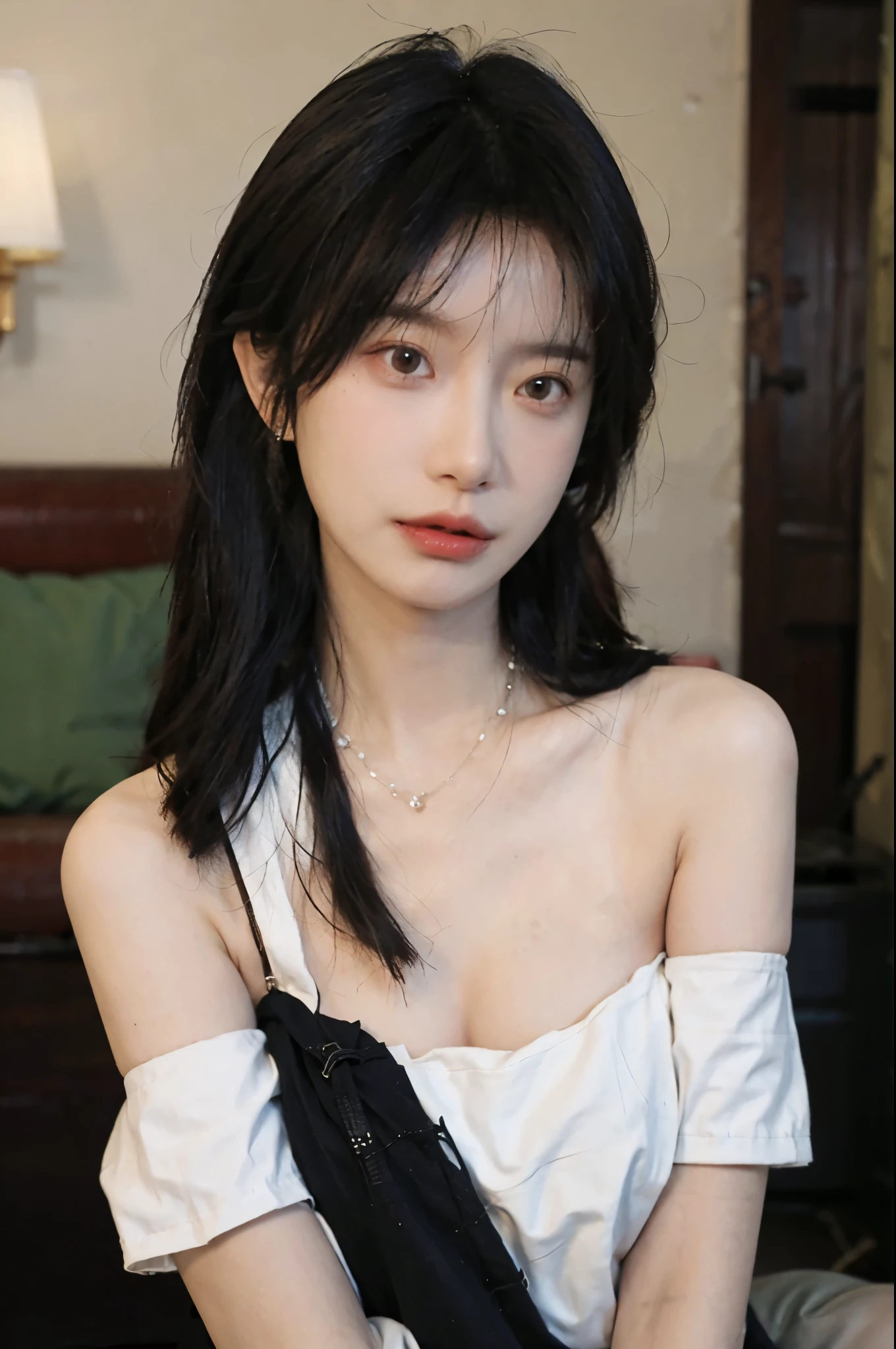 Film portrait photography, 1 girl, bare shoulders,lipstick,(flat chest:1.4), Shoulder length wavy hair, wear necklace,scarf,earrings,short sleeves,serene, calm, (Realistic and detailed eyes, natural skin texture, Realistic facial details), Soft dramatic lighting, depth of field, Bokeh, big breasts,Areola,split,cleavage,Vibrant details, Detailed and detailed, surreal, 35mm film, hazy, ,