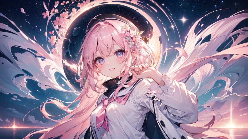 The voice of my heart is always there (Night Sky), ((Beautiful eyes)), (((The best smile))), (((Highest quality、masterpiece、Ultra-fine、Ultra-fine、Exquisite、16K、Full HD,high school girl))) 、Long eyelashes、White skin、(thin and long)、 ((cute)) ((One person)),Zoom out,(A magnificent composition、epic proportion)、(Pale pink lips、Pale pink cheeks、thin and long)、Dynamic lighting,