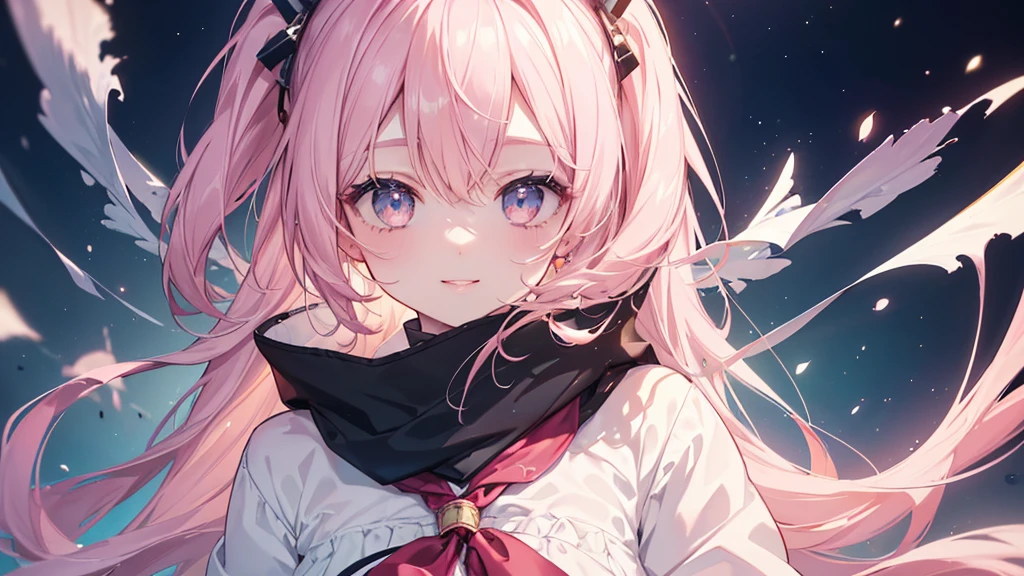 The voice of my heart is always there (Night Sky), ((Beautiful eyes)), (((The best smile))), (((Highest quality、masterpiece、Ultra-fine、Ultra-fine、Exquisite、16K、Full HD,high school girl))) 、Long eyelashes、White skin、(thin and long)、 ((cute)) ((One person)),Zoom out,(A magnificent composition、epic proportion)、(Pale pink lips、Pale pink cheeks、thin and long)、Dynamic lighting,