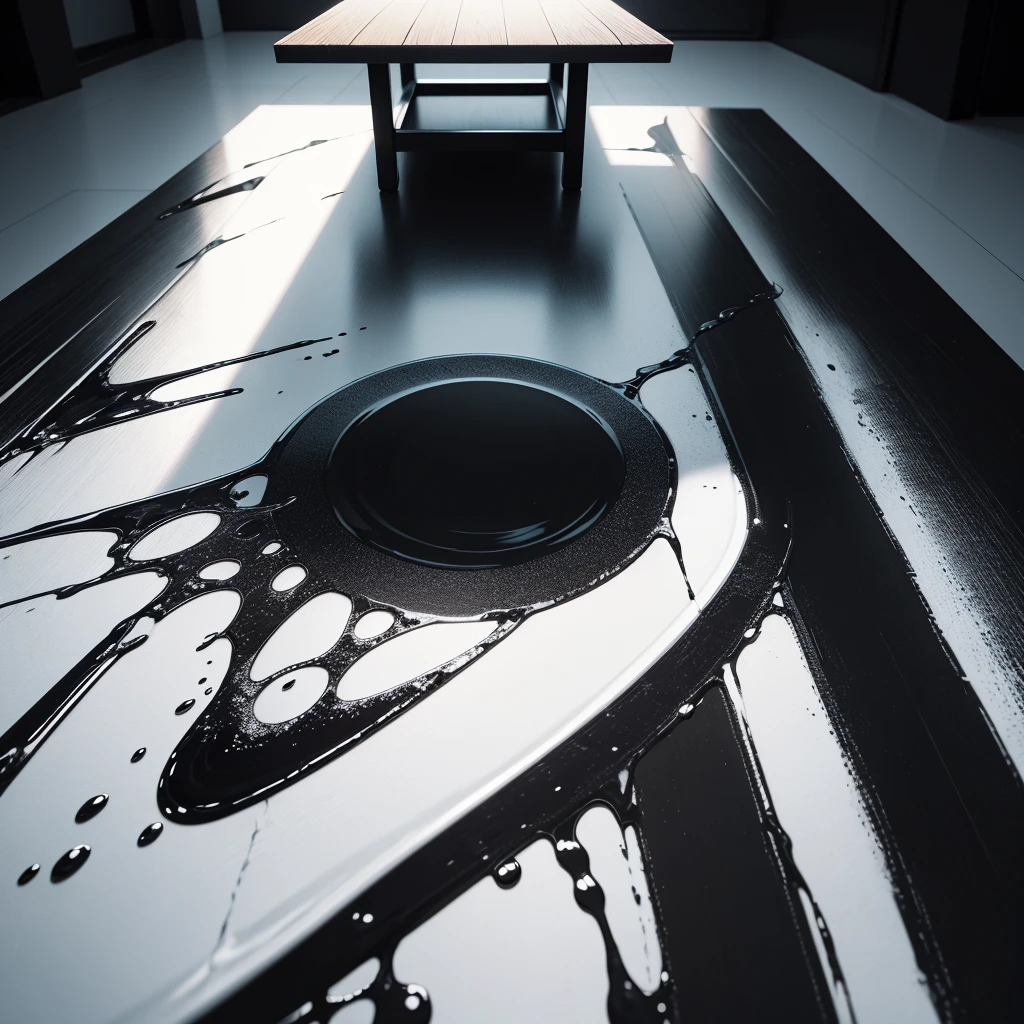 black background, black floor with shine, white color table