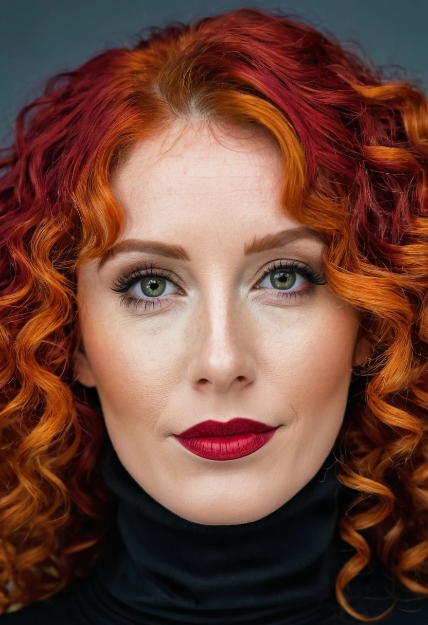 there is a woman with red hair and a black turtle neck,woman with red hair, Portrait of a woman with red hair, vibrant and vibrant red hair, , curly red hair, with curly red hair, color portrait, headshot portrait, curly red hair