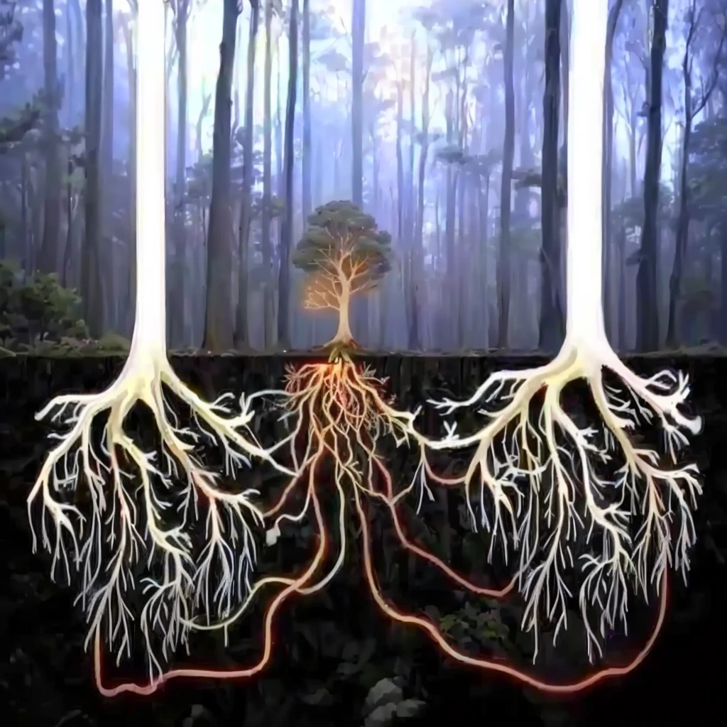 there are two trees with their raizs growing out of them, raiz system, covered with raizs, cogumelos crescem do corpo, plant raizs, tree raizs, raizs dangling below, crescimento fúngico, micélio, raizs, with arteries as raizs, raizs underwater, fungo e gavinhas simples e estranhos, butress tree raizs, raiz, fungos, raized lineage