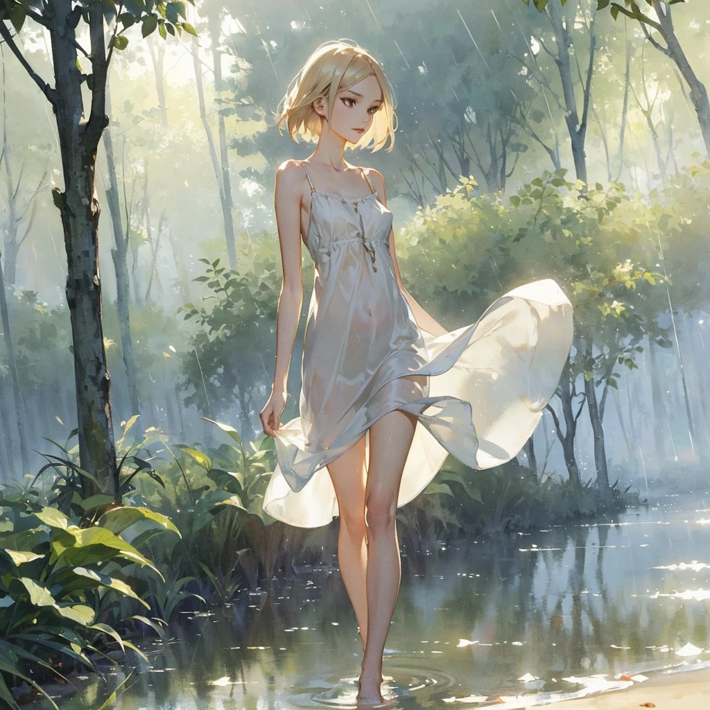 beautiful slender sophisticated girl (with a very beautiful, sophisticated face of the southern type with almond-shaped eyes and delicate lips) barefoot ((in a very short beige light summer sundress)) with tender breasts in the rain in the summer forest, purple thunderstorm, in watercolor style